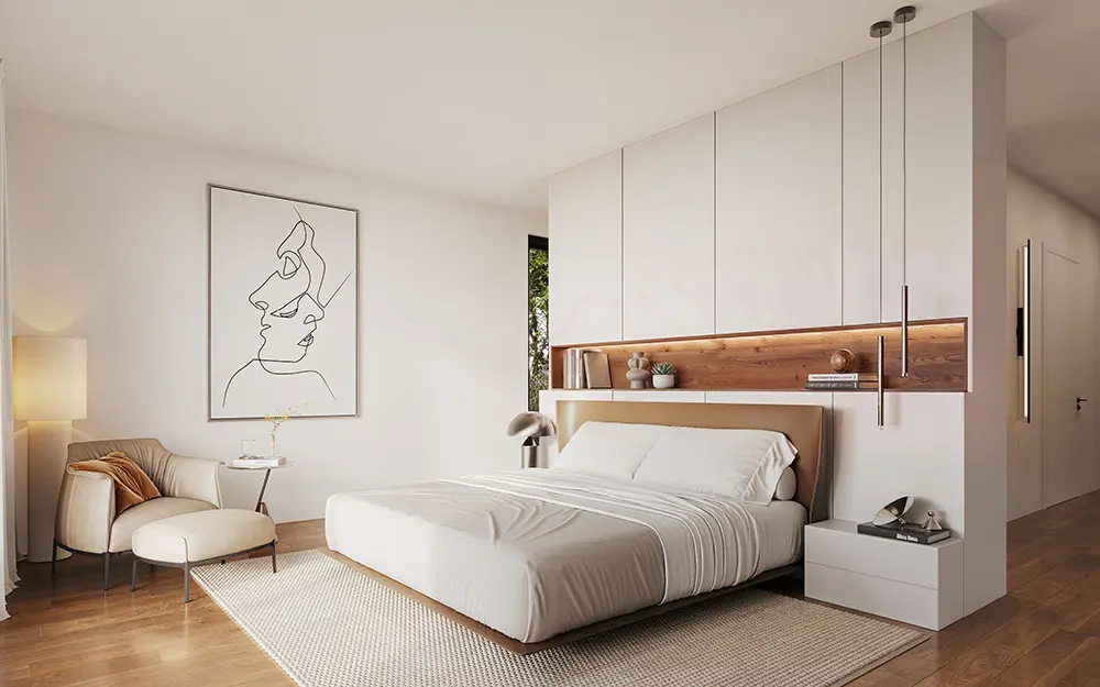 Ruhiges Schlafzimmer einer hochwertigen Eigentumswohnung im Projekt NEO4 Heilbronn