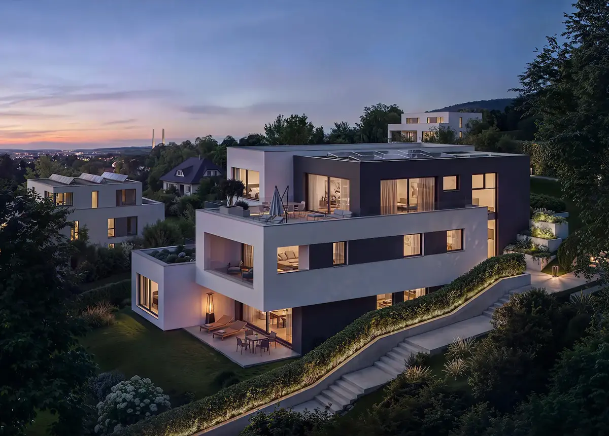 Beleuchtete Außenansicht des Wohnprojekts NEO4 in Heilbronn-Böckingen am Abend